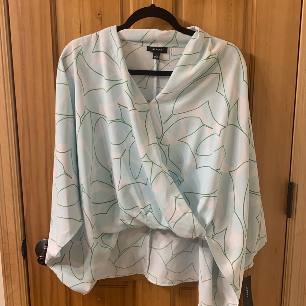 Alfani Womens Blue Printed Surplice Neckline Top Small